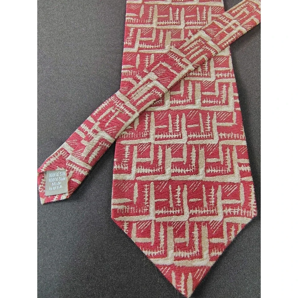 VTG Calvin Klein‎ Silk Tie Red Beige Abstract Geometric Grid 90s Designer USA